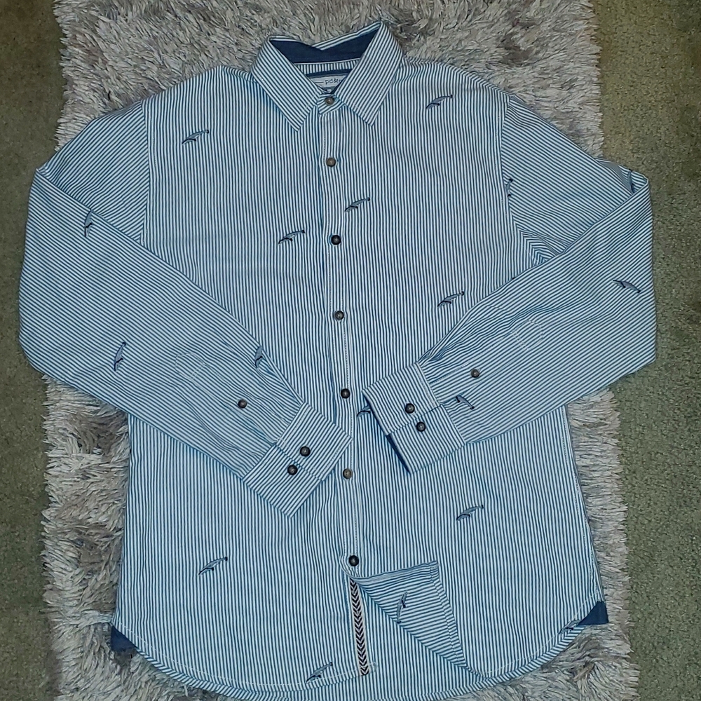 PD&C Blue Stripe Shark Button Front Long Sleeve Shirt